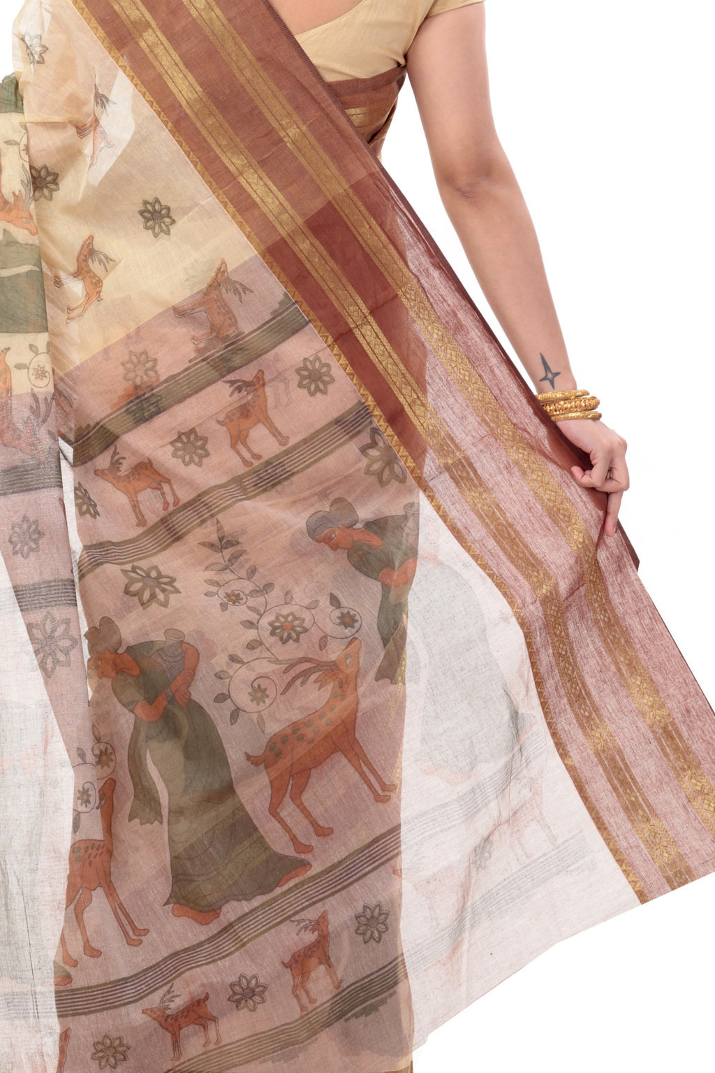 Brown Pure Cotton Sakuntala Tant Saree Print (2231)